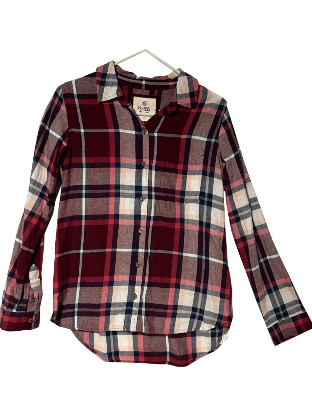 Women's So Brand Maroon, Red, and Cream Plaid Button-Down Flannel Shirt